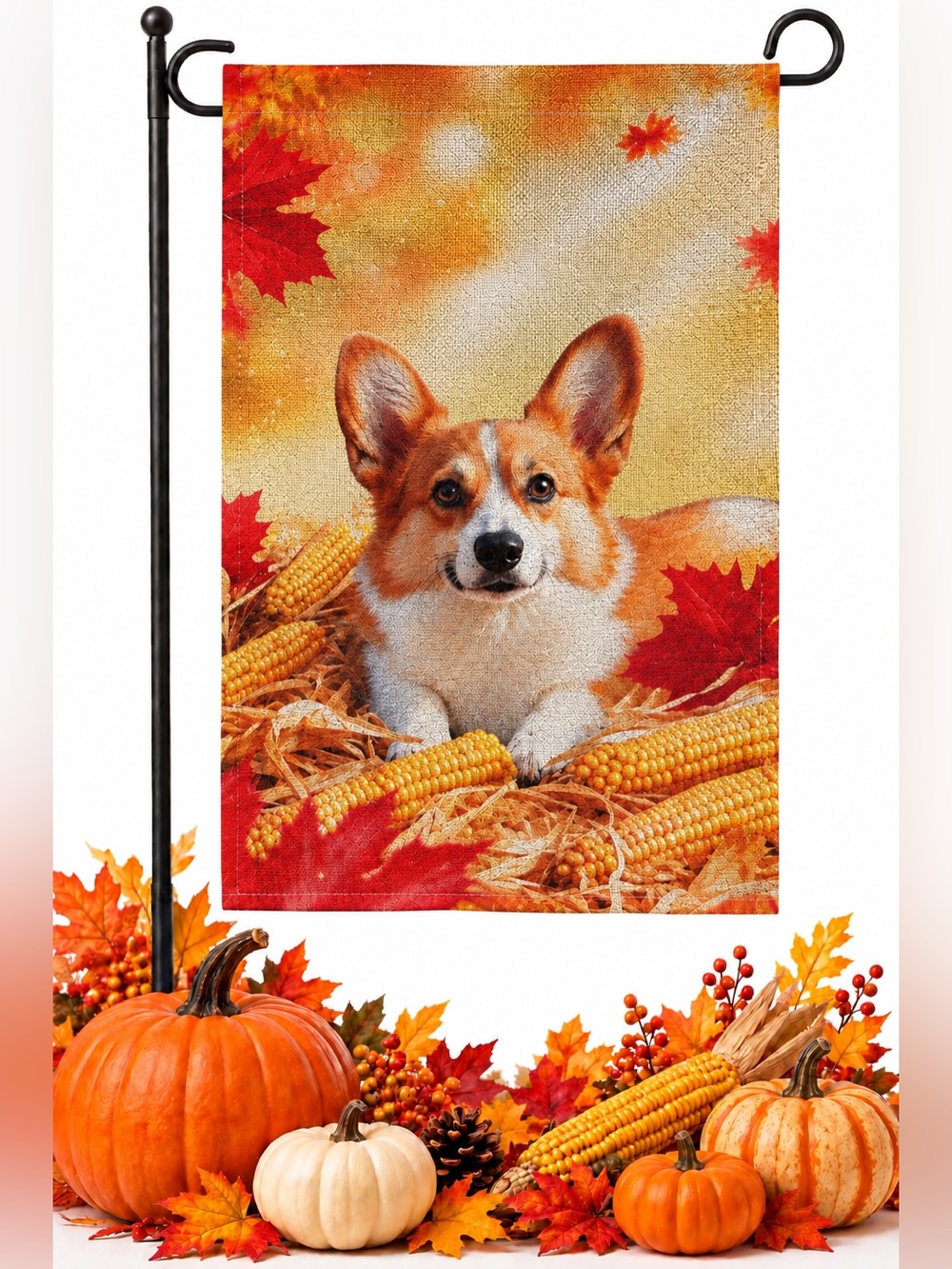 Garden flag, autumn, corgi, dog, burlap polyester, double-sided, 12” x 18”